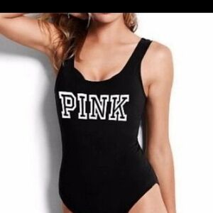 Victoria's Secret Black Signature Logo One-Piece Swimsuit Sz S/P Pink Active NWT